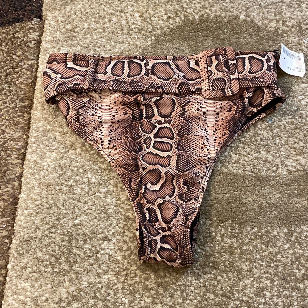 La la swim snakeskin print high rise belted bikini bottom.